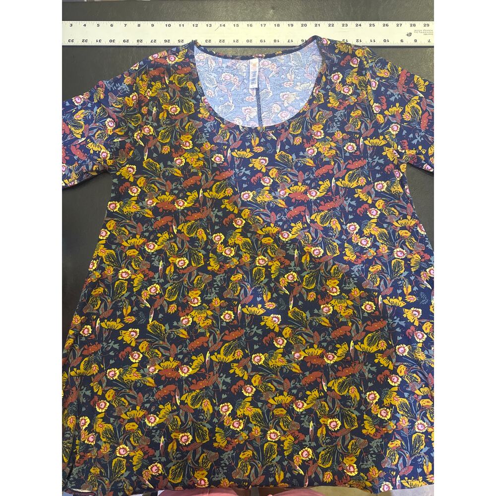 Lula Roe Womens Tunic Dress Sz L Mustard Yellow Navy Blue Floral Short Sleeve